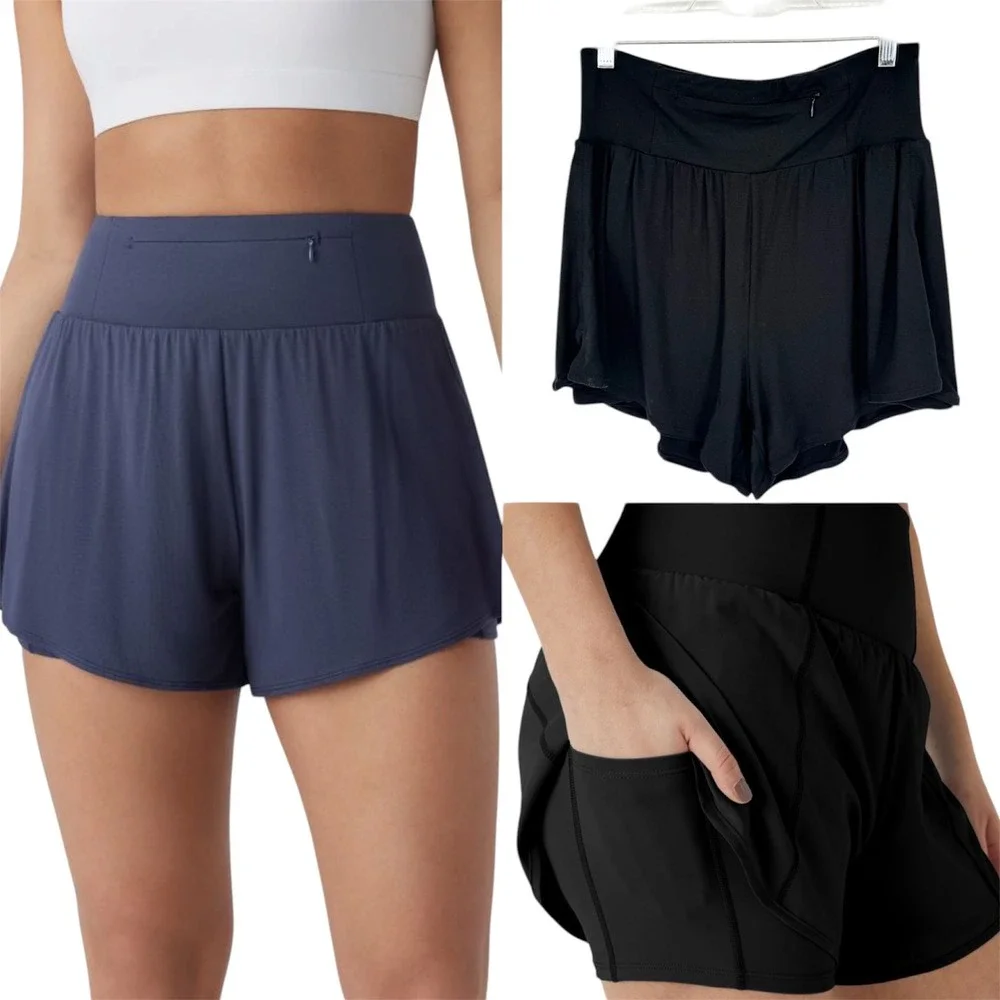 Halara High Waisted Multiple Pockets Split 2 in 1 Yoga Shorts Black‎ S Athletic